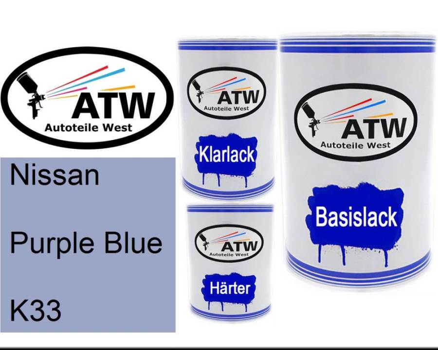 Nissan, Purple Blue, K33: 500ml Lackdose + 500ml Klarlack + 250ml Härter - Set, von ATW Autoteile West.